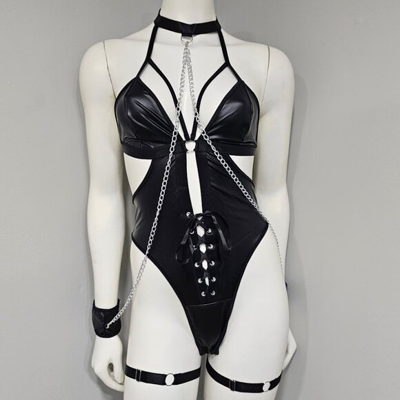 Vegan Leather Bodysuit with Chain and Harness - Picture 2 of 9